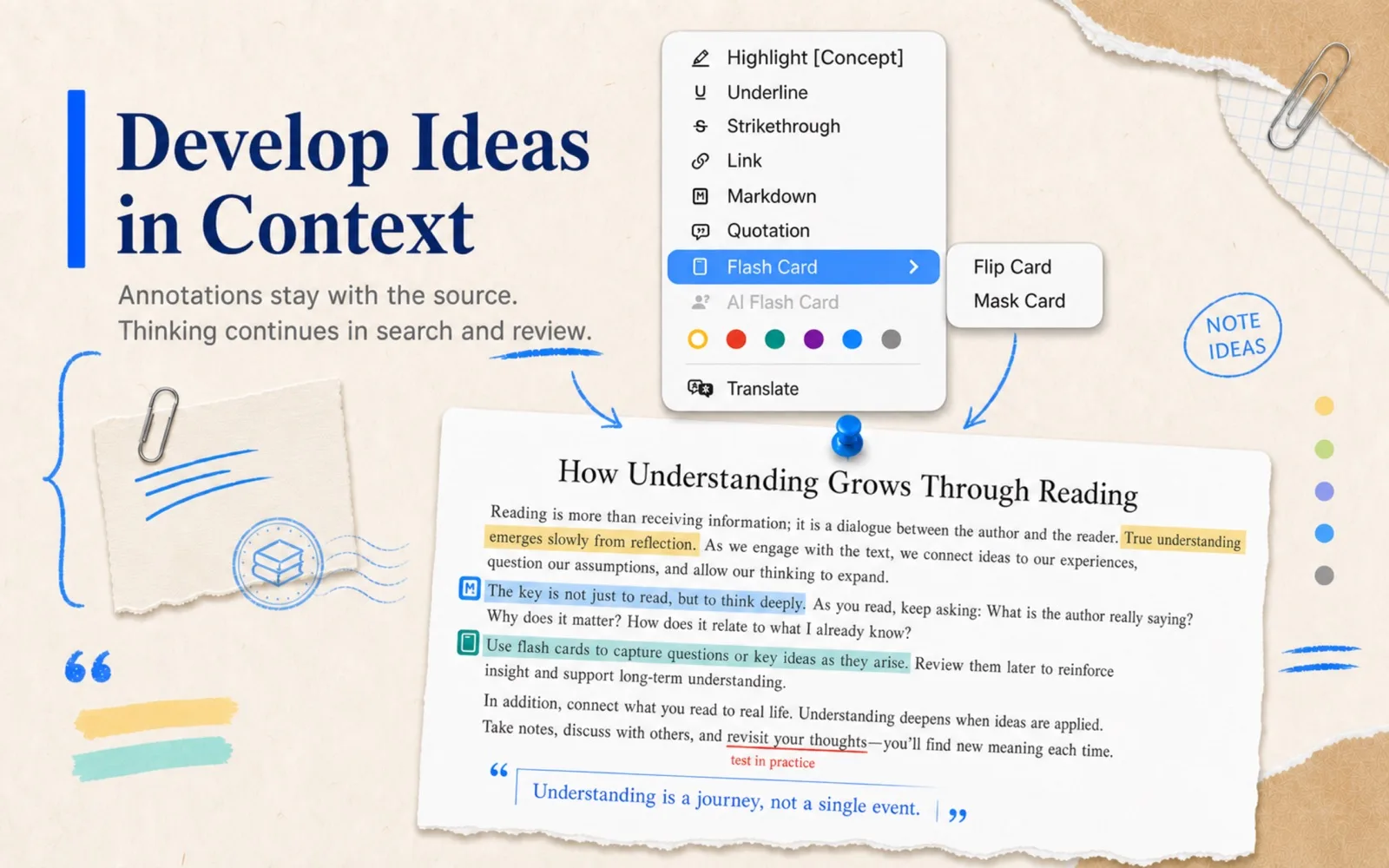 Selected text can become a highlight, quote, link, Markdown annotation, or card