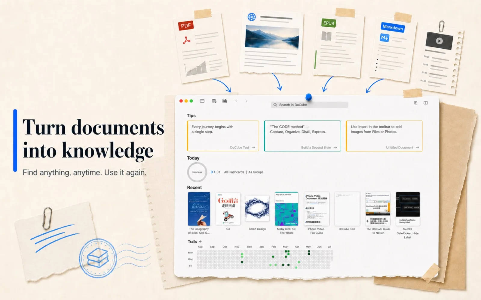 PDFs, EPUBs, saved webpages, Markdown, and videos in one local library