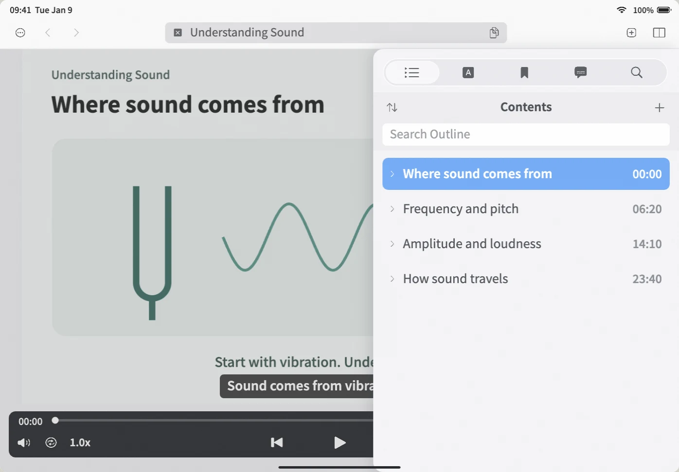 iPad demonstration: open an empty outline, generate chapters, select Frequency and pitch to jump to 06:20, then press play separately. The course and chapters are original examples. Generation waiting time is omitted; this web demo is silent.
