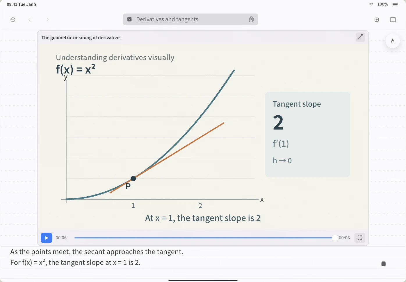 iPad demonstration: choose a course video, set a six-second A–B range, play it in the note, and add an explanation. The lesson is an original example; this web demo is silent.
