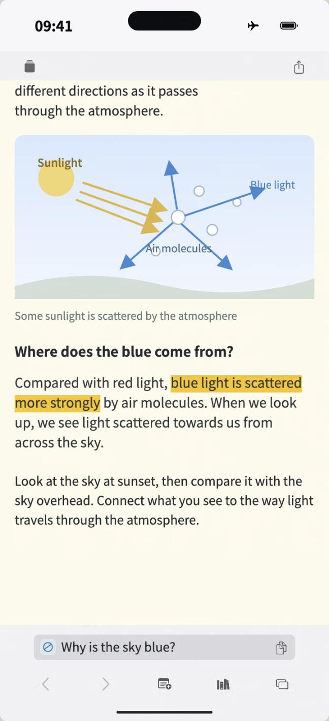 iPhone demonstration: share an article from Safari, remove an unwanted block, and save a snapshot. Later, open it offline and highlight a passage. The article is an original example.