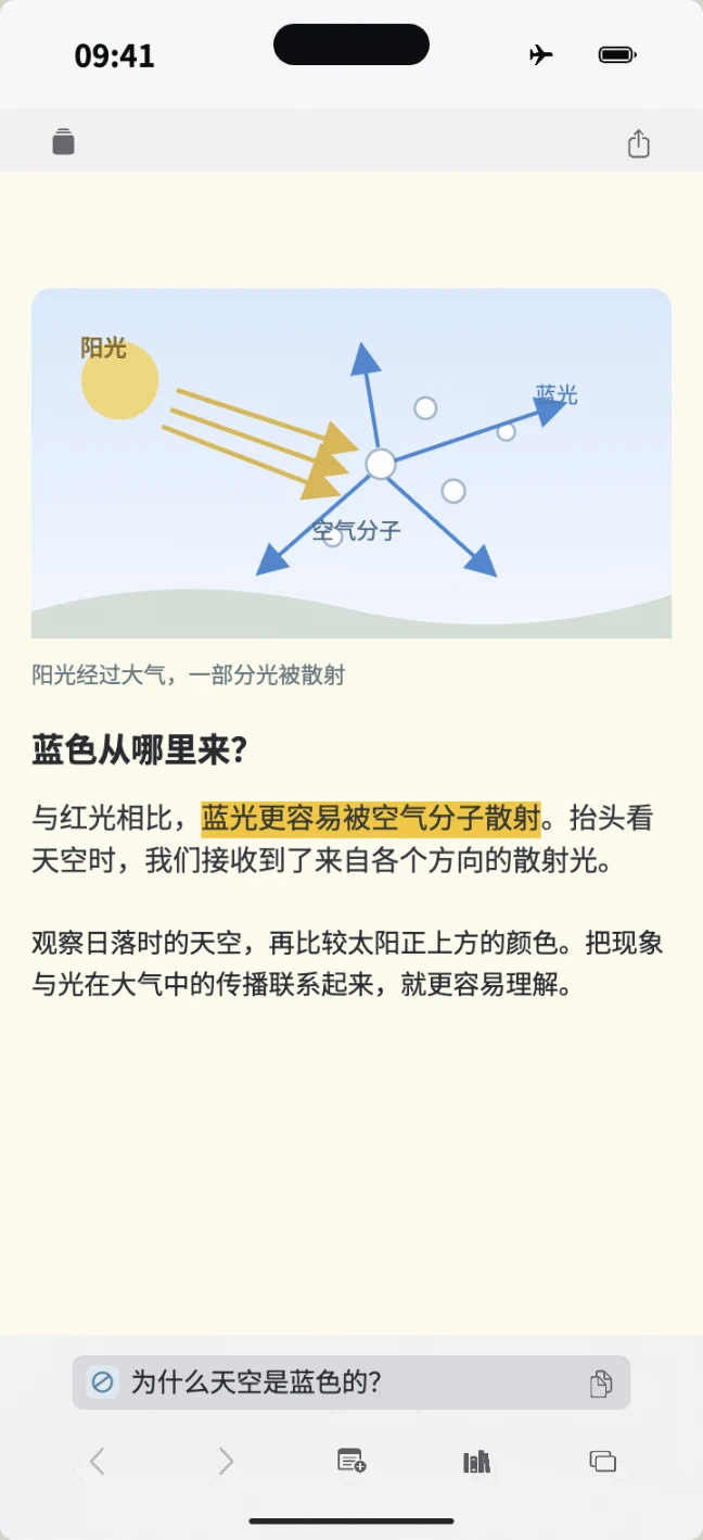 iPhone 操作演示：从 Safari 分享文章，擦除无关模块并保存网页快照，之后离线打开并高亮。文章为自编示例。